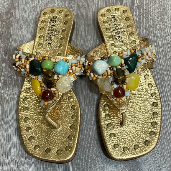 Bridget Shuster Gold Leather Thong Slip On Sandals Beaded Natural Stones 6.5 - Picture 1 of 15